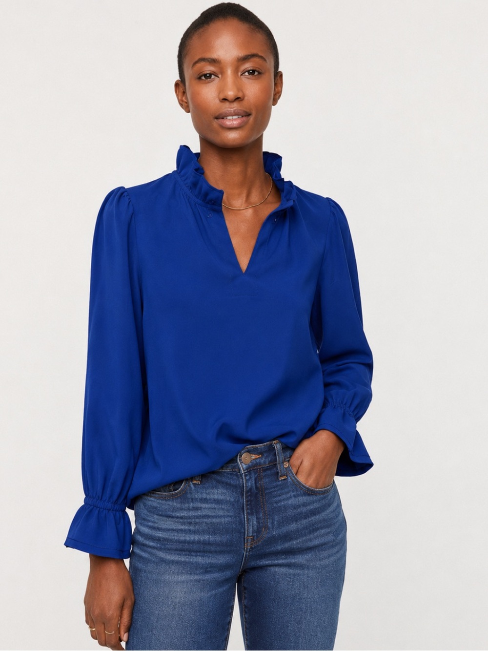 J. Crew 365 Crepe Ruffle Puff Sleeve Pullover Blouse Career Royal Blue Small